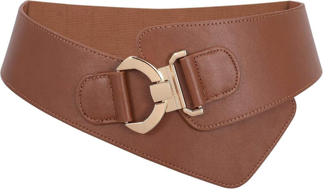 JASGOOD Women's Fashion Vintage Wide Elastic Stretch Waist Belt with Gold Interlock Buckle Belt (Brown, L)