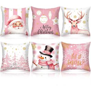 Pink Christmas Decorations Pillow Covers 18x18 Set of 6 Pink Santa Snowman Snowflake Merry Christmas Tree Winter Snow Reindeer Holiday Pillow Decorative Throw Cushion Case for Sofa