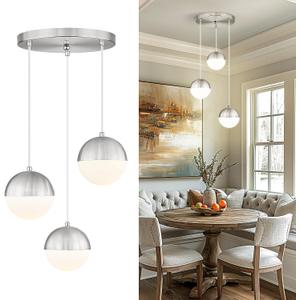 LMS Modern Brushed Nickel 3-Light Cluster Pendant Lights, Mid Century Pendant Lighting with White Globe Glass Shade, Adjustable Hanging Cord Ceiling Light for Home Office Dining Room, LMS-186BN3