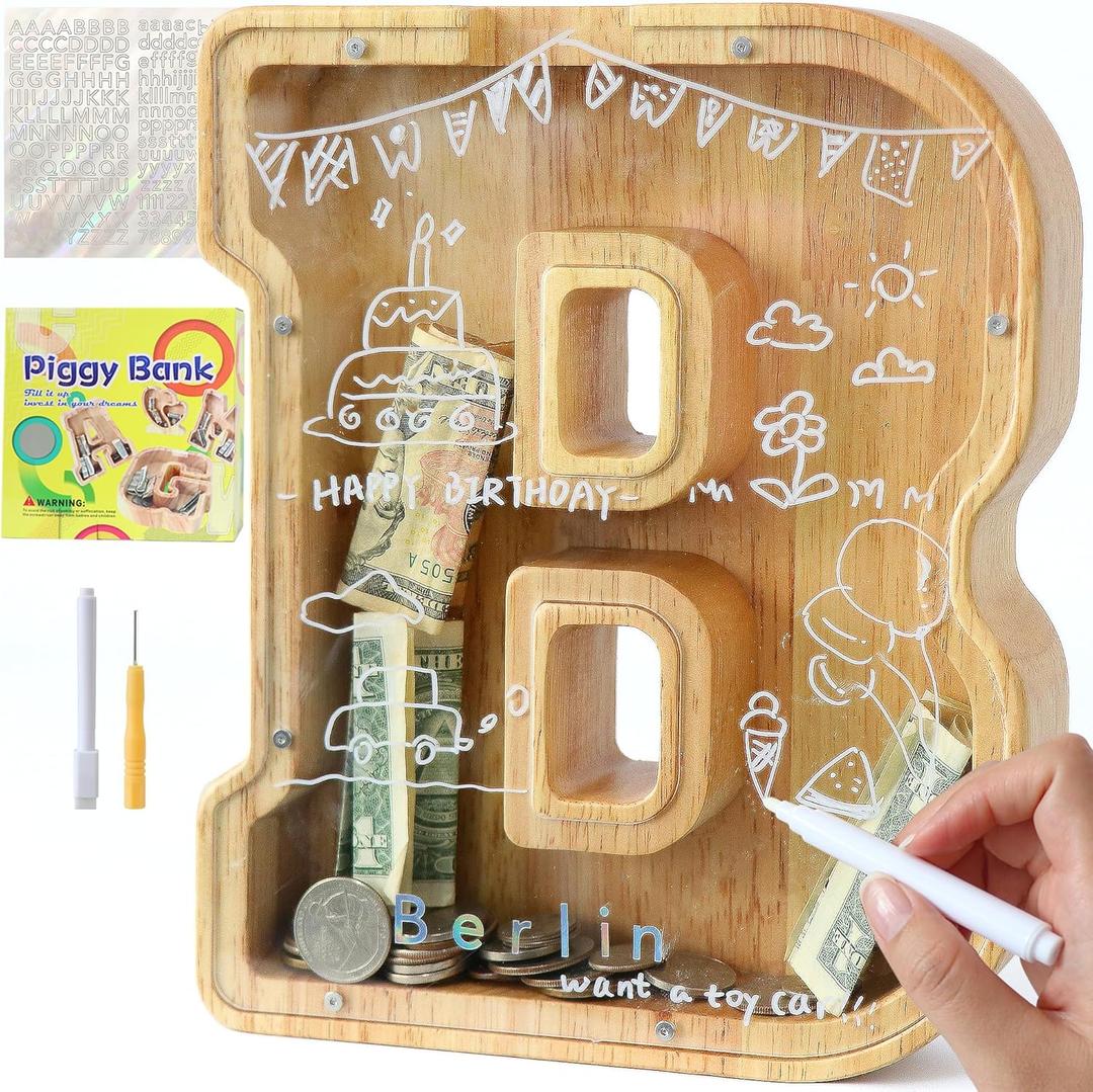 Large Letter Piggy Bank for Kids Boys Girls Wooden Personalized Piggy Banks A-Z with Target Area Clear Alphabet Banknote Coin Banks for Gift Decoration Baptism (B)