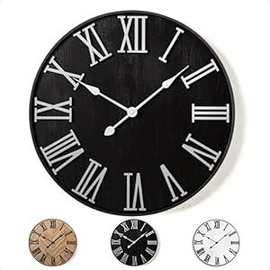 Large Wall Clock 24" Round - Silent Metal & Wood Large Farmhouse Wall Clock For Living Room Decor with 3D Roman Numerals - No Ticking - Noiseless Big Wood Decorative Clocks for Living Room Decor (Black)