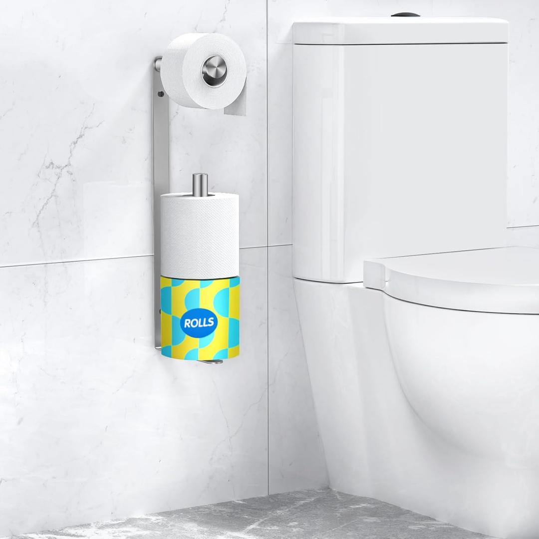 2 x Longzon Brushed Nickel Toilet Paper Holder Wall Mount, Self Adhesive Toilet Paper Holder Storage for 3 Roll Tissue, Premium 304 Stainless Steel Stick On Toilet Paper Roll Holder for Bathroom, Silver