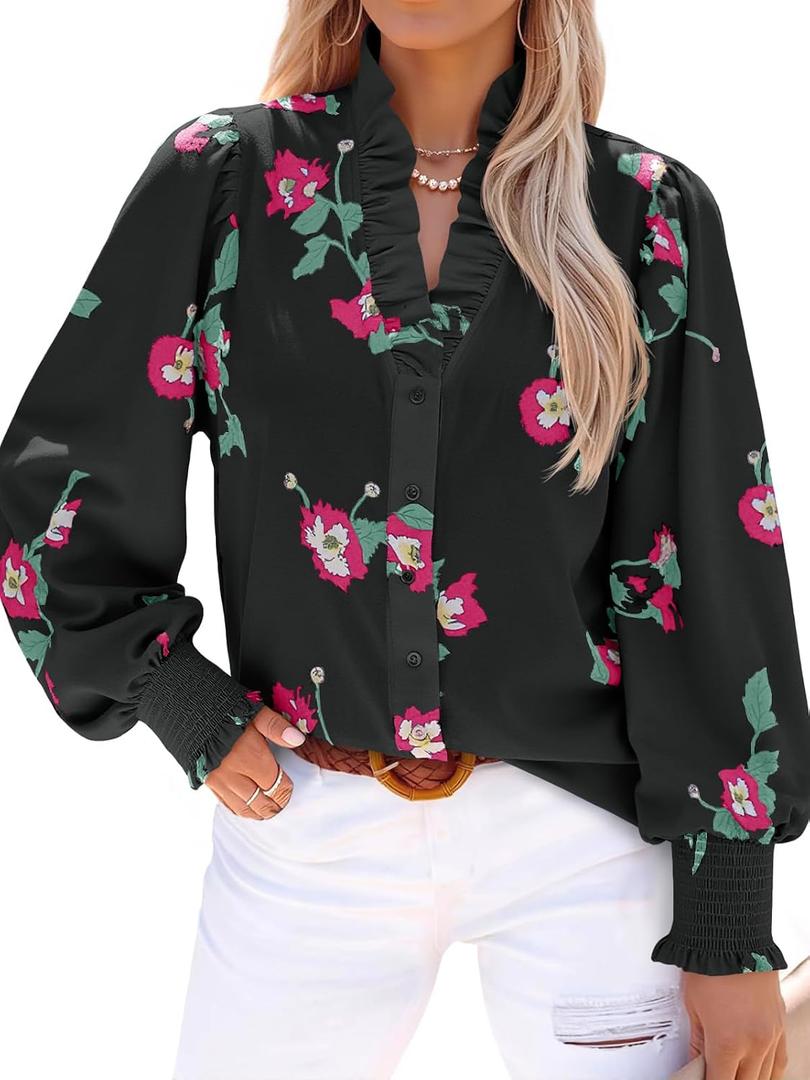 Tankaneo Womens Floral Ruffle Blouses Dressy Casual Long Puff Sleeve Boho Tops V Neck Button Down Shirts Black (M)