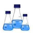 Okulab 3pcs Erlenmeyer Flask Set with Blue Cap, 250ml 500ml 1000ml Lab Erlenmeyer Flasks, Borosilicate 3.3 Glass Material with Printed Graduation, EFG45GS3A1