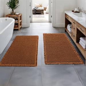 MIULEE Set of 2 Waffle Bathroom Runner Rugs, Fall Boho Bath Rug Non Slip, Super Absorbent Runner Bath Mats, Rubber Backed Shower Mat for Hallway Bedroom Laundry Room, Terracotta, 2'x4'(24x48 Inch)
