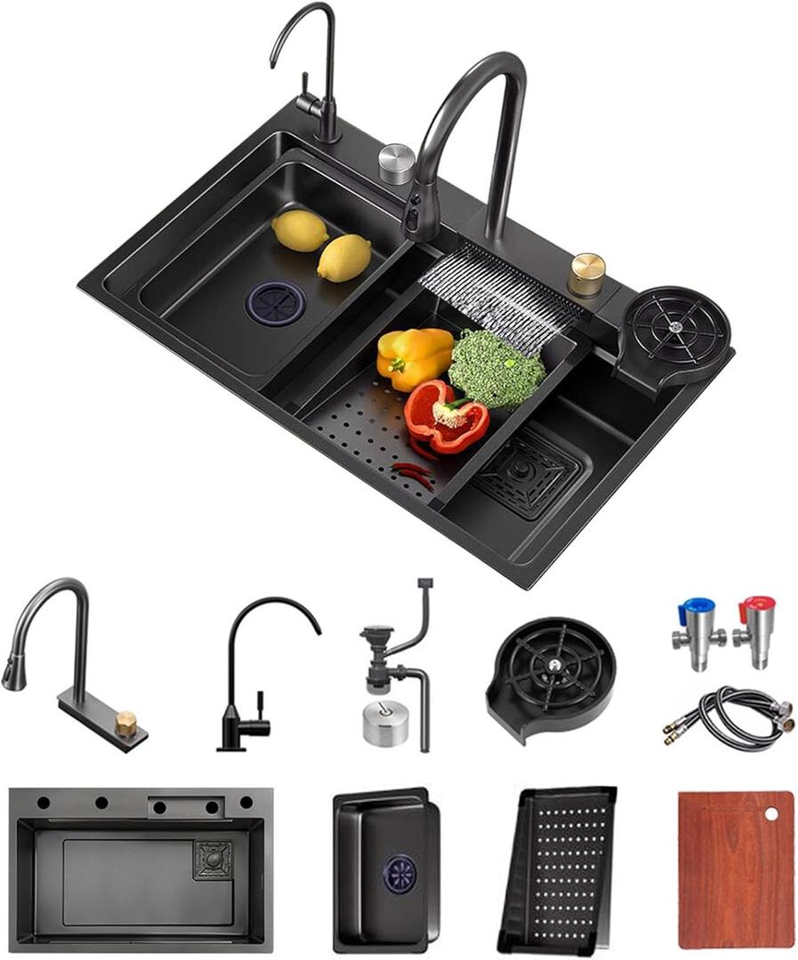 Kitchen sink Flying rain waterfall single sink dishwashing sink with pull-out tap, pressurised cup washer, chopping board, draining basket and other accessories workstation kitchen sink (33.5 * 17.7 * 8.3 inch, Gun grey)