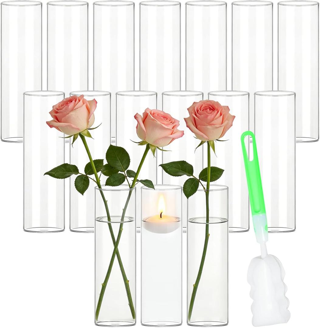 16 Pack Glass Cylinder Bud Vases for Centerpieces, 7.8” H x 2.5” W Clear Flower Vases Bulk, Floating Candle Holder for Wedding Party Home Decor