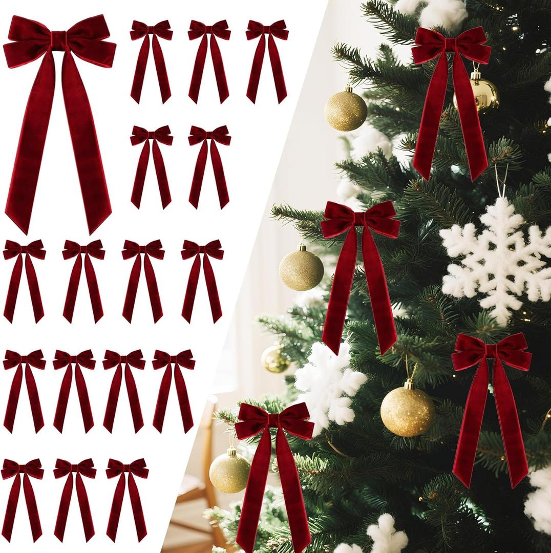 16Pcs Velvet Ribbon Bows for Christmas Tree, Vintage Rustic Small Craft Bows Ornaments for Garland Wreath Gift Wrapping Candy Bags Party DIY Decorations (Burgundy, 5" x 10", Width of 1")