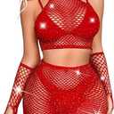 Rave Outfits for Women Festival,Glitter Rhinestone Fishnet Skirt Set,Sexy Mesh Swimsuit Cover Up Pool Party Outfit,Sexy Lingerie Set Bodysuit For Women, M