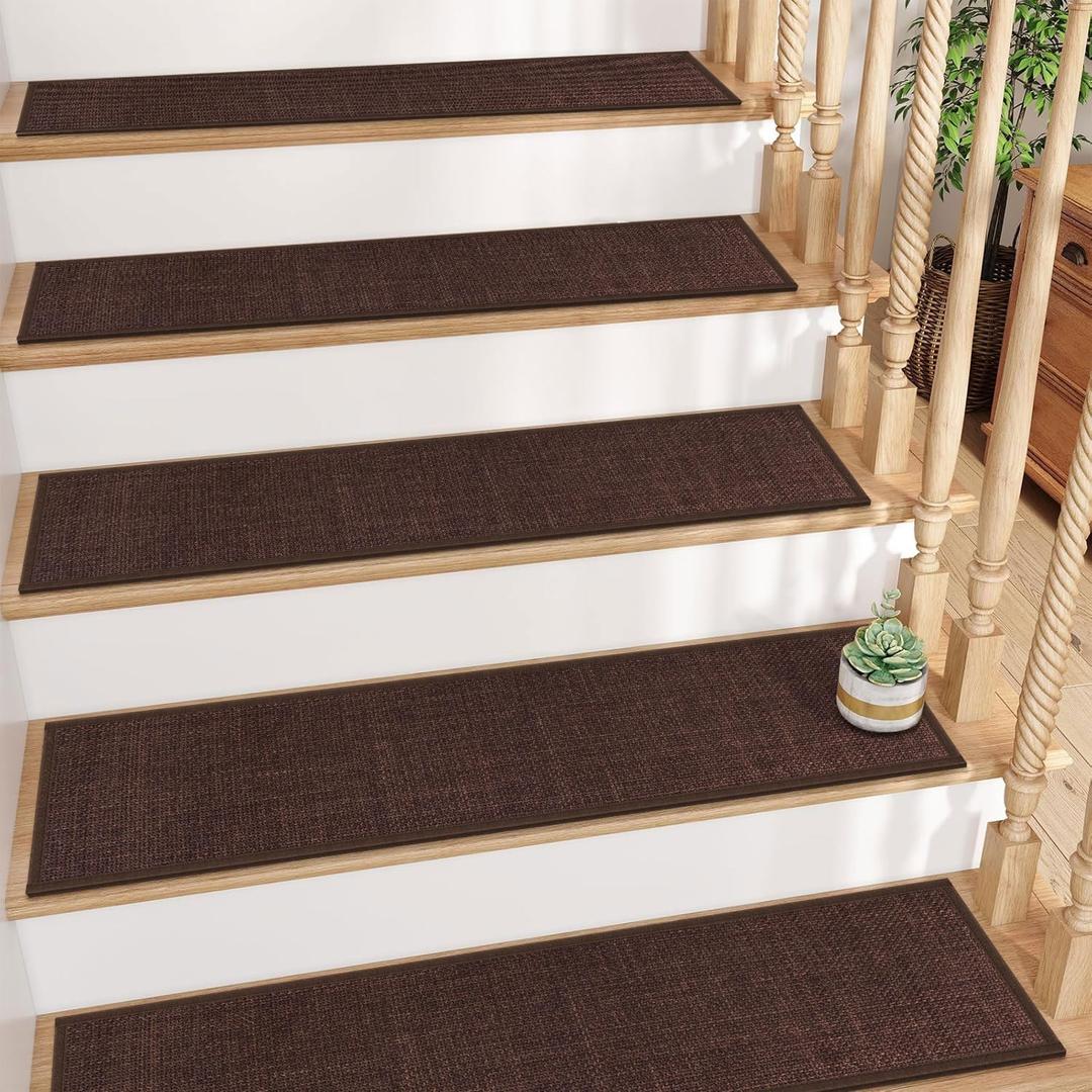 GOYLSER Non Slip Stair Carpet Treads with Rubber Backed, Deep Brown Jute Stair Rug Staircase Step Treads, Reusable Stair Mat Step Pads for Bare Feet (Set of 15)