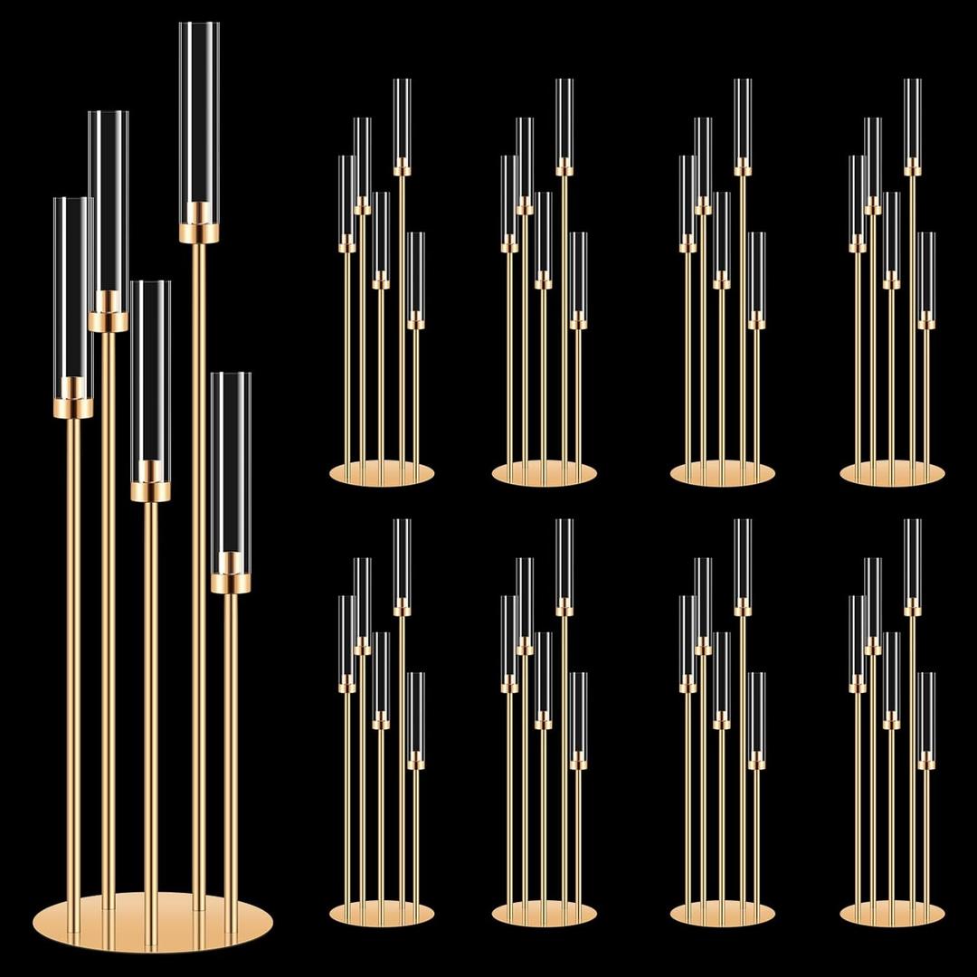8 Set 5 Arm Golden Candle Holder with Acrylic Lampshade, 41.3'' Tall Candlesticks Holder for Christmas Wedding Housewarming Gift,Metal Candle Holders Candlestick Centerpiece,Fit 0.87'' LED Candle