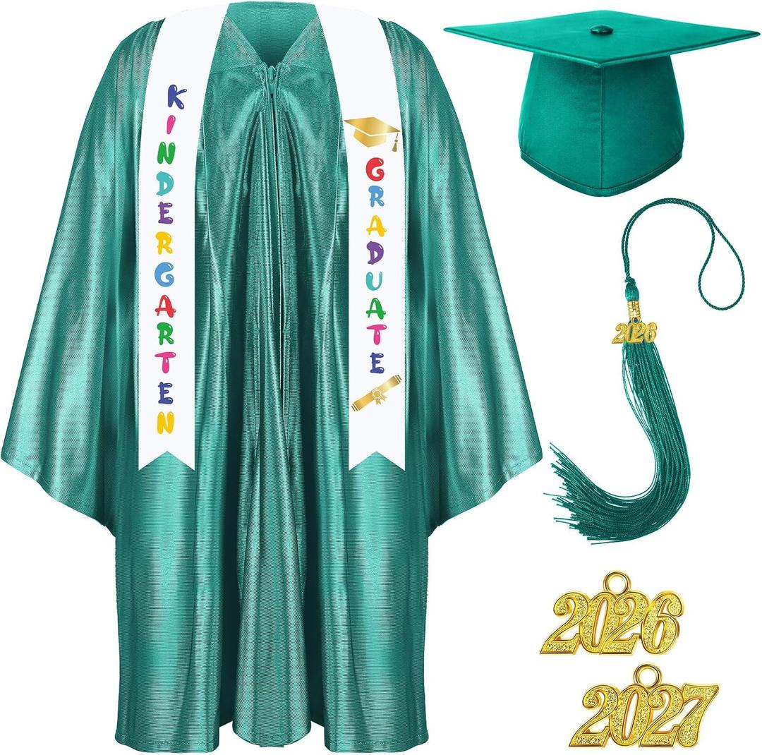 Foaincore 2026 Year Preschool and Kindergarten Graduation Gown Cap Tassel Set with 2026 Charm Printed Stole Grad Gift (Green)