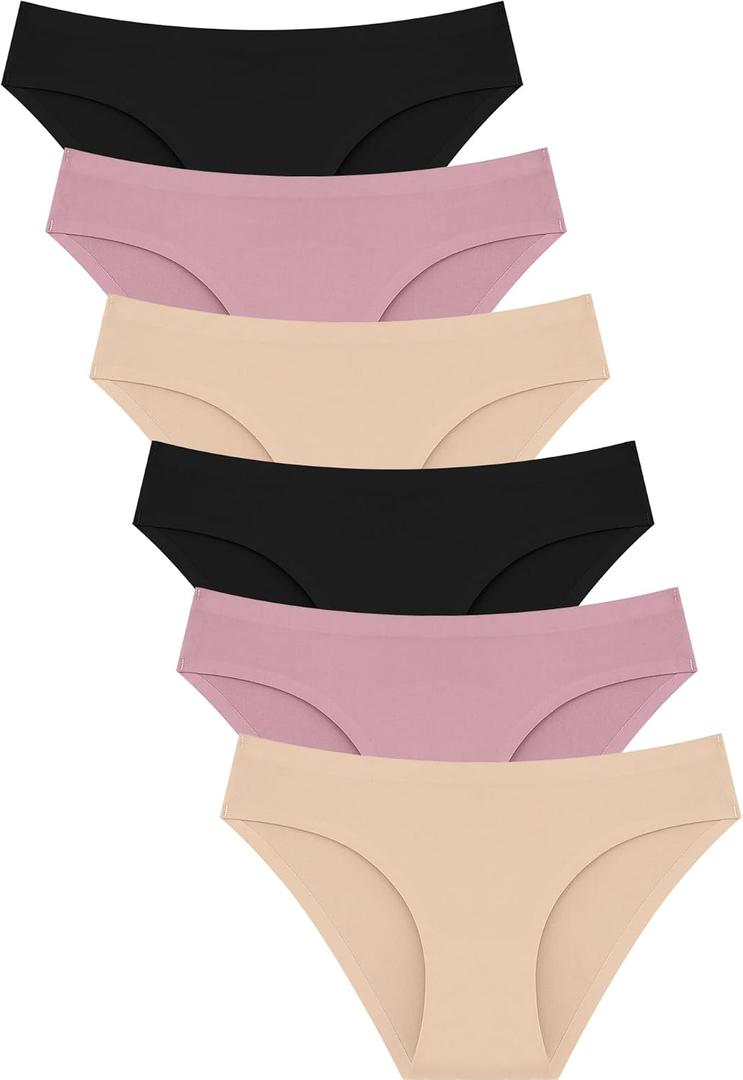FINETOO 6 Pack Womens Seamless Hipster Underwear No Show Panties Invisibles Briefs Soft Stretch Bikini Underwears Medium, Black & Beige & Khaki