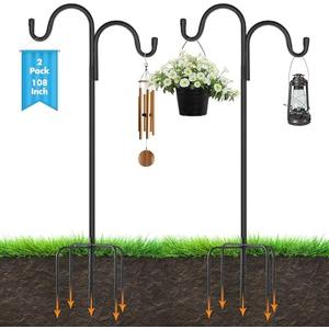 Vivantia 1 Pack 108 Inch Adjustable Double Shepherds Hooks for Outdoor 2 Sided Bird Feeder Poles with 5 Prong Base Heavy Duty Metal Garden Hook for Hanging Flower Basket Lantern Plant Bird Nests Decor