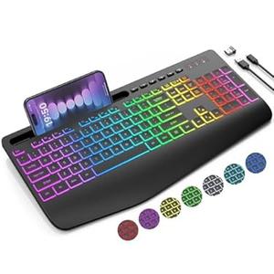 Wireless Keyboard with 9 Effects Backlits, Wrist Rest, Phone Holder, Rechargeable Ergonomic Computer Keyboard with Silent Keys, 2.4G Lag-Free Cordless Set for PC, Laptop, Windows, Mac (Keyboard Only)