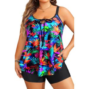 Daci Women Plus Size Tankini Swimsuit - 2 Piece Flowy Plus Size Bathing Suits and Shorts with Pockets 2025 (Colorful Leaves, 16 Plus)