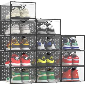 Pinkpum XXL Shoe Storage Box Fit for Size 14, Clear Plastic Stackable Shoe Organizer for Closet 12 Pack, Shoe Containers Sneaker Storage Black (XX-Large)