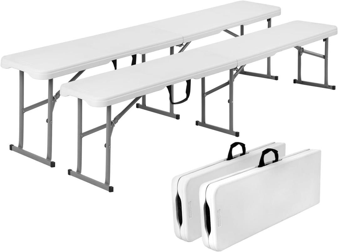 Byliable Folding Bench 6 Foot, Plastic Foldable Bench Seat with Handle, Portable Picnic Party Camping Dining Seat, Garden Multipurpose Entertaining Activities, White, 2 Pack