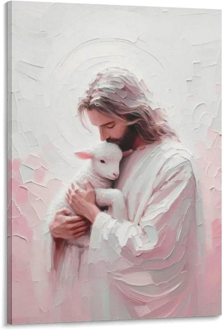 Jesus Kissing The Lamb - Christian Art, Jesus And The Lamb, Jesus Pink Painting Christian Gift Jesus Canvas Painting Living Room Church Wall Decoration Painting 12x18inch(30x45cm) (Frame-style)