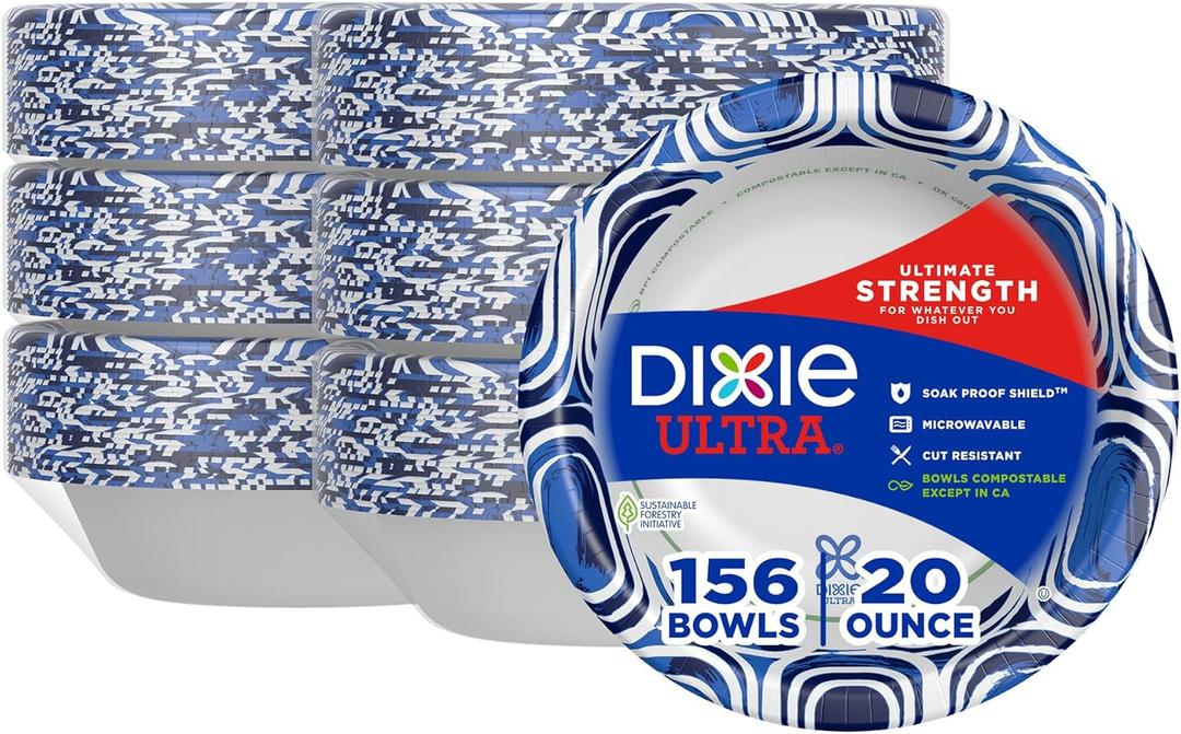 Dixie Ultra, Large Paper Bowls, 20 Oz, 26 Count (Pack of 6), Microwave Safe, Compostable, Disposable Bowls Great For Breakfast, Lunch, And Dinner Meals