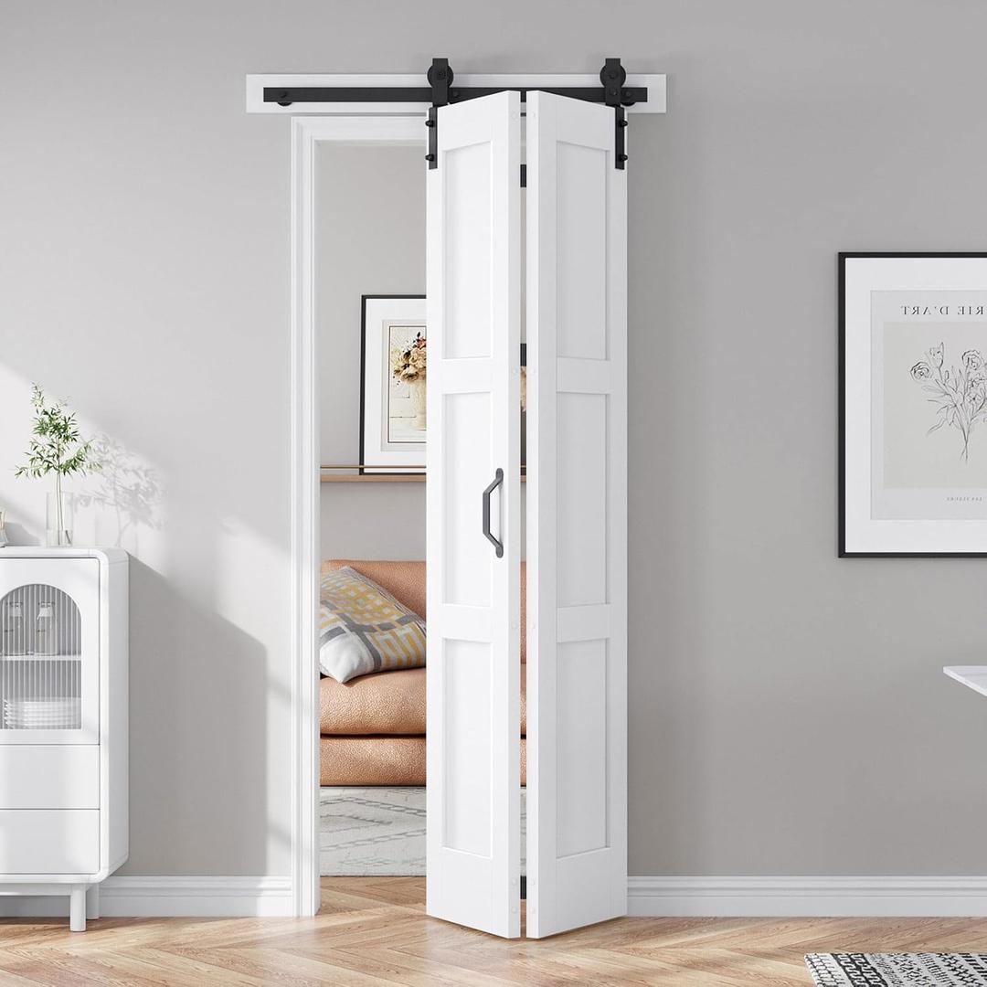 FREDBECK 32X84(Double 16x84) White Bifold Barn Door Sliding Folding Doors with 36" Hardware Track Kit Included,Solid MDF with Water-Proof PVC Surface for Closet,Assembly Required