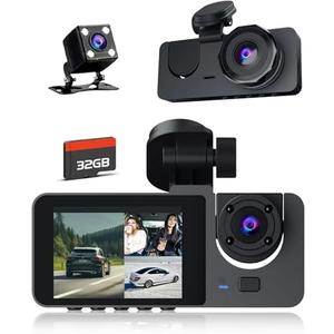 Dash Cam Front and Rear Inside, 4K Full HD Triple Dash Camera for Cars, Car Camera with 32GB Card,Built-in Loop Recording,G-Sensor - （81X1）