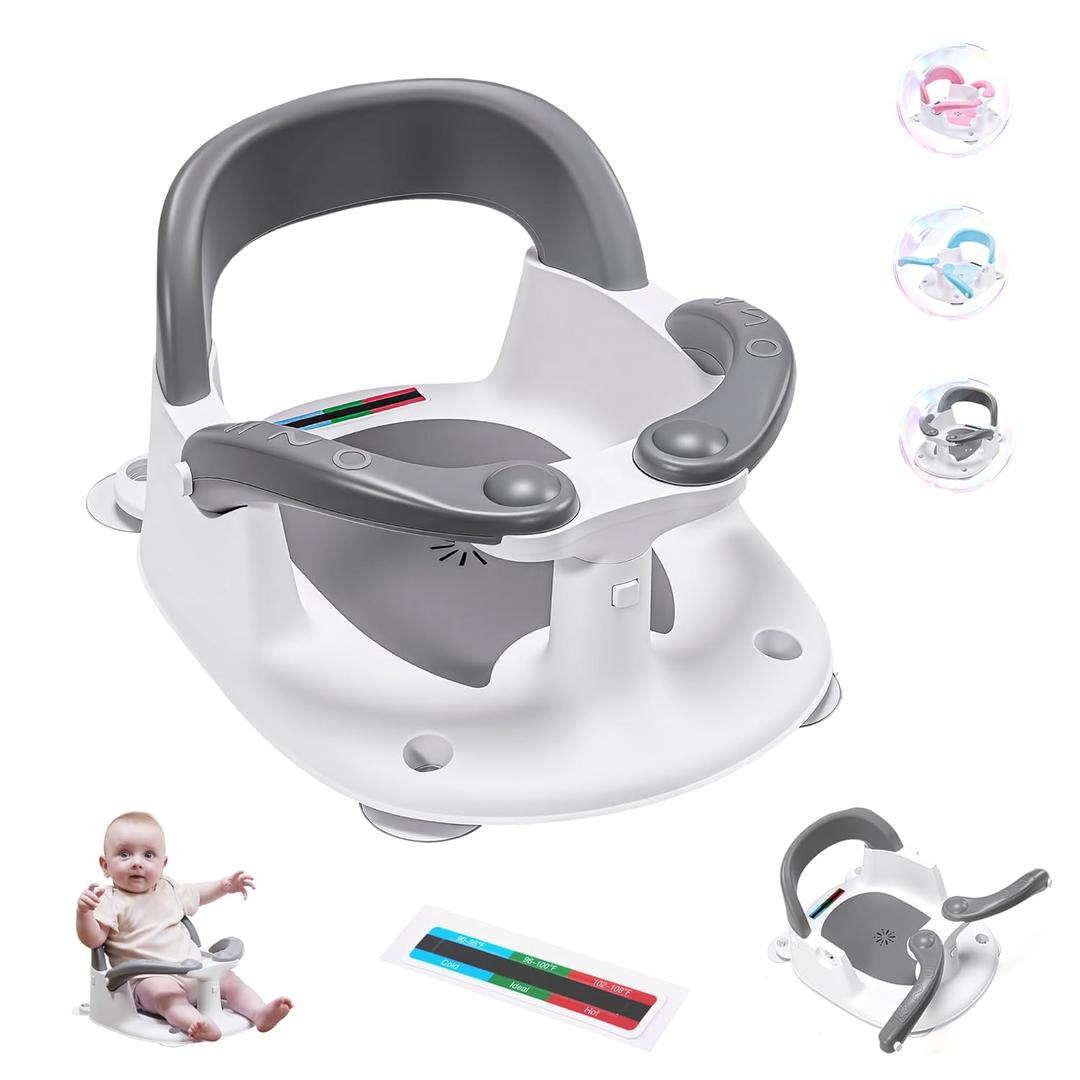 Baby Bath seat for Babies 6 Months & up, 360 Stable Toddler Bath Chair with one-Touch Button, Back Hollow Design, Water Temperature Card & 4 Suction Cups for Safety (Gray)
