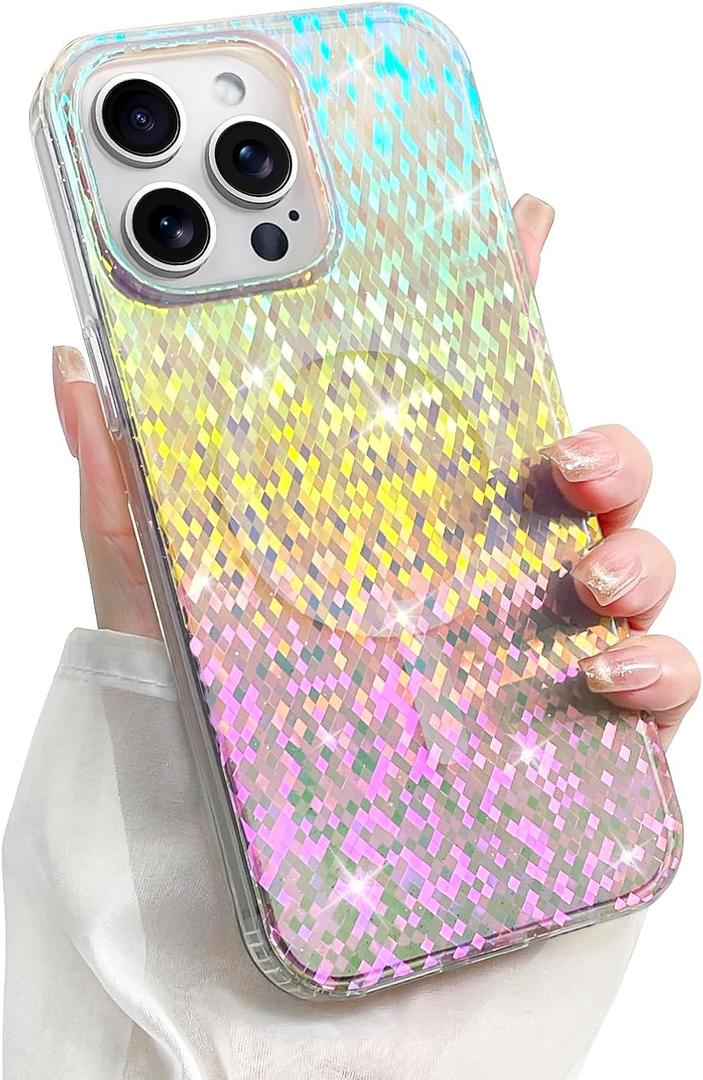 Glitter Case for iPhone 15 Pro Case for Women Girls [ Compatible with Magsafe ] Clear Cute Girly Aesthetic Colorful Iridescent Rainbow Sparkly Sparkle Bling Magnetic Protective Phone Cover