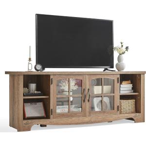 LINSY HOME Farmhouse TV Stand for 65 Inch TV, Wood Entertainment Center with Glass Door Storage Cabinet & Adjustable Shelves, Large Sturdy Console Table for Living Room & Bedroom (58", Brown)