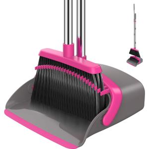 NACENA Broom and Dustpan Set, 52-in Long Adjustable Handle Broom Dustpan Combo with Dustpan Teeth to Automatically Clean Hair Suitable for Home Kitchen Office Hall FloorGrey&Rose