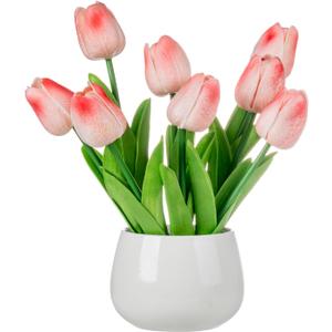 MyGift Realistic Artificial Pink Tulips in White Ceramic Vase Faux Tulip Flower Arrangement for Home & Office Decor, Potted Tabletop Fake Plants in Round Ceramic Planter, Elegant Spring Decor