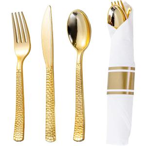 WELLIFE 50 Pack Gold Plastic Silverware with Pre Rolled Napkins,Hammer Pattern Design,Plastic Cutlery Includes: 50 Forks,50 Knives,50 Spoons,50 Napkins,Gold Silverware Disposable for Party and Wedding