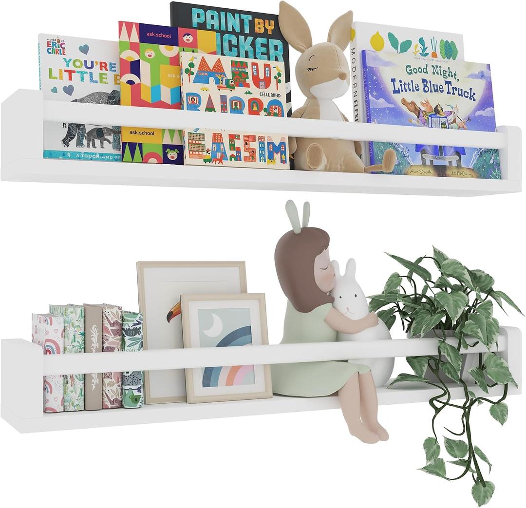 Heimlove Nursery Floating Shelves, Solid Wood Nursery Book Shelves for Wall, 32 inch Bookshelf for Kids, Wall Mounted Shelves for Books,Toys and Decor Storage, Set of 2 (White)
