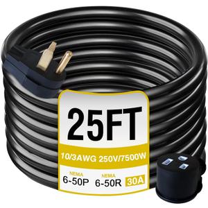 6-50P to 6-50R 250V/7500W 30 Amp 3 Prong Welder Extension Cord, 10 Gauge Heavy Duty Welding Cable, NEMA 6-50 Plug With ETL Listed (25FT)