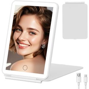 FUNTOUCH Rechargeable Travel Makeup Mirror with Light, 2000mAh Portable Makeup Mirror with 3-Color Lighting, Dimmable Touch Screen, Tabletop LED Folding Cosmetic Compact Vanity Mirror