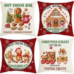 THAWAY Christmas Pillow Covers 18x18 Inch Set of 4 Gingerbread Man House Decorative Cushion Covers Xmas Bakery Hot Cocoa Outdoor Pillowcase Winter Holiday Decor Cushion Case for Home Couch (Red Green)