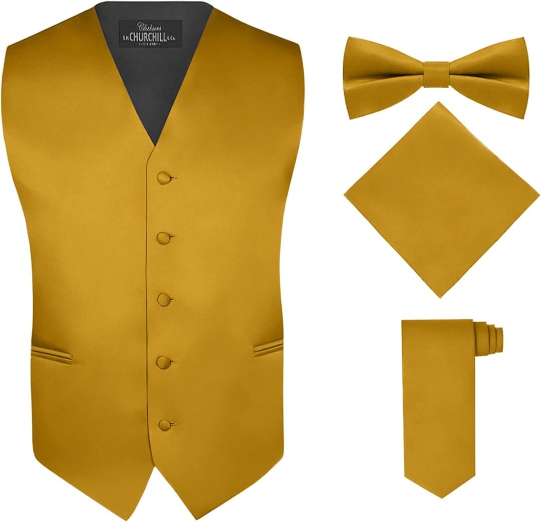 S.H. Churchill & Co. Men's 4 Piece Vest Set, with Bow Tie, Neck Tie & Pocket Hankie (Medium, Gold)