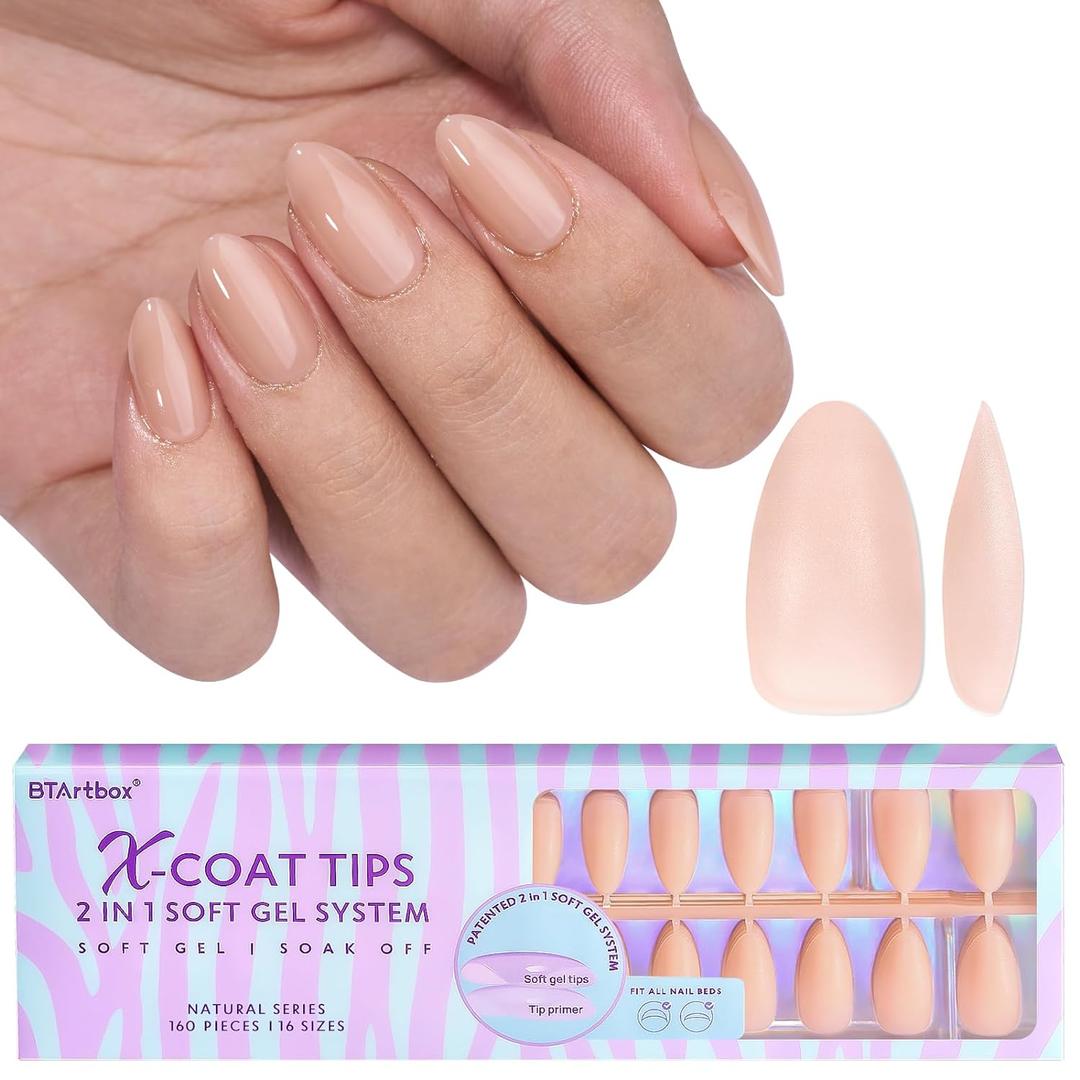 BTArtbox Short Almond Nail Tips - Soft Gel XCOATTIPS Natural Press On Nails, Pre-colored Gel Nails Full Cover Fake Nails Nude for for Daily Nail Art