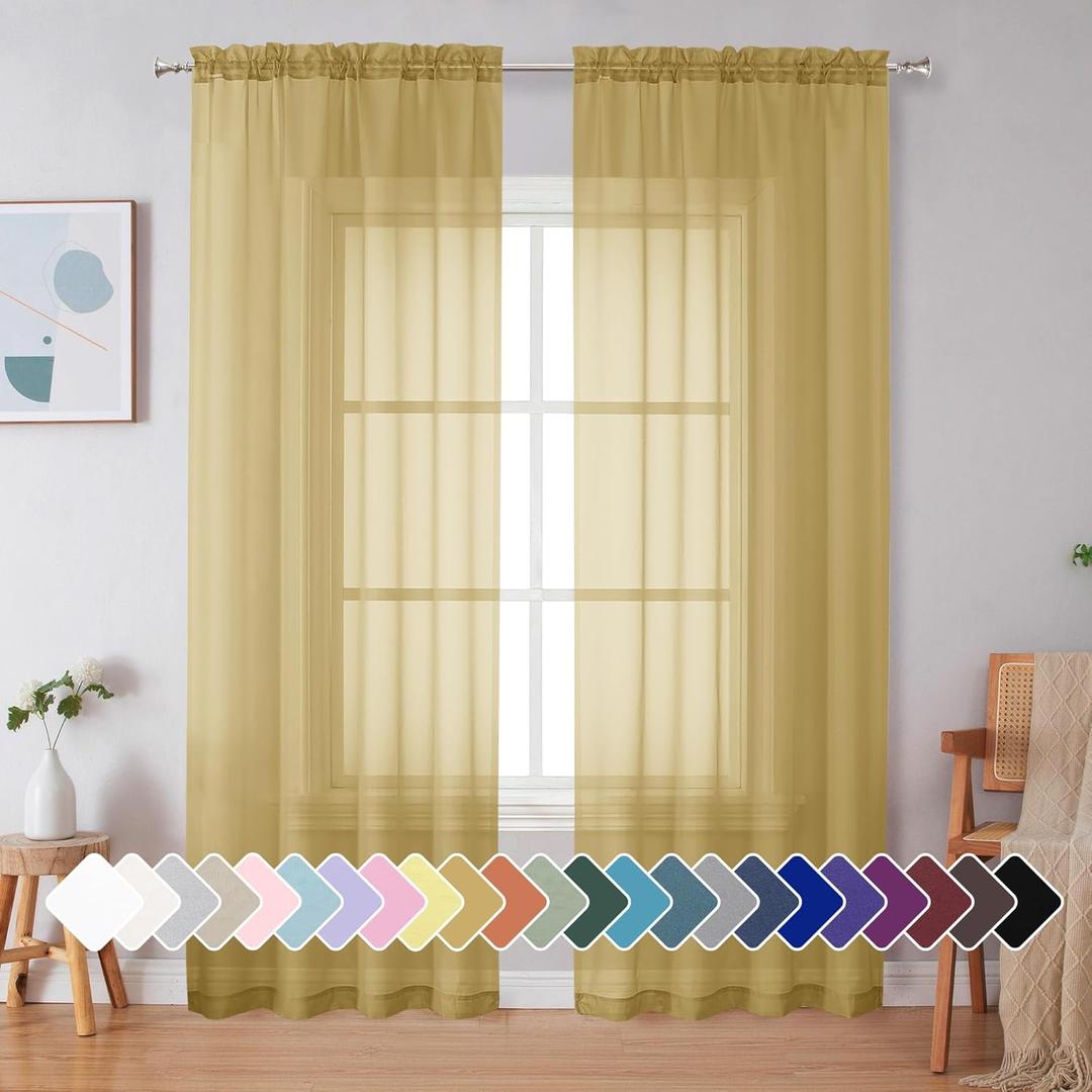 Simplebrand Gold Sheer Curtains 84 Inches Long 2 Panels, Light Filtering Rod Pocket Solid Color Window Sheer Curtain Panels, Elegant Curtains & Drapes for Living Room, Bedroom (Gold, 42" W x 84" L)