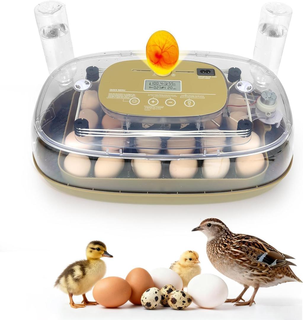 Series III - 24 Egg Automatic Incubator, Full-Stage Adaptive Humidity (Dual-Bottle) & Auto Temp Control, Custom-Interval Auto Turn & Auto Stop, Preset Incubation Days, Adjustable Egg Spacing, Candler