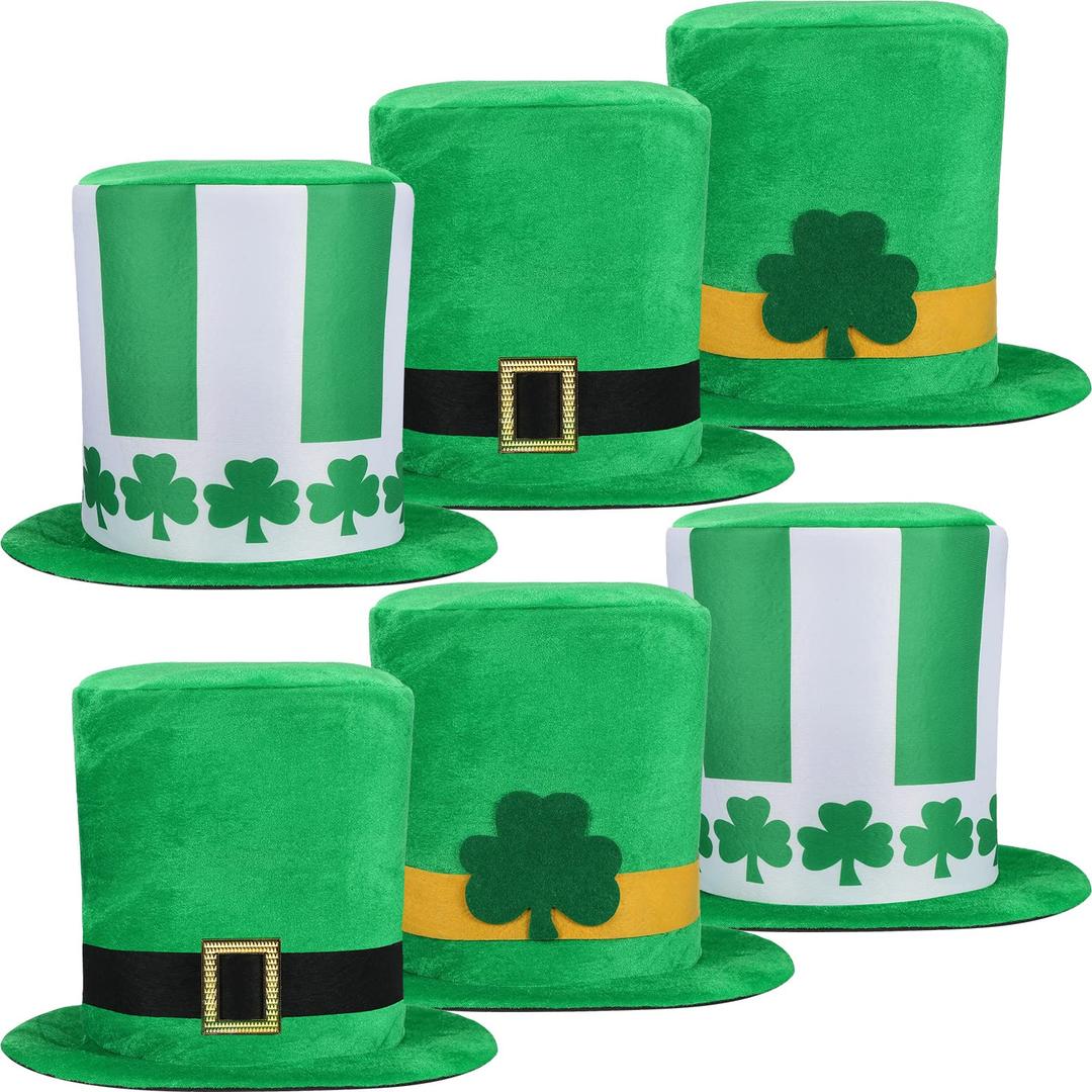 Jerify 6 Pcs St. Patrick's Day Top Hat Leprechaun Topper Hat Bulk Shamrock Green Lucky Irish Cap for Adults Women Men