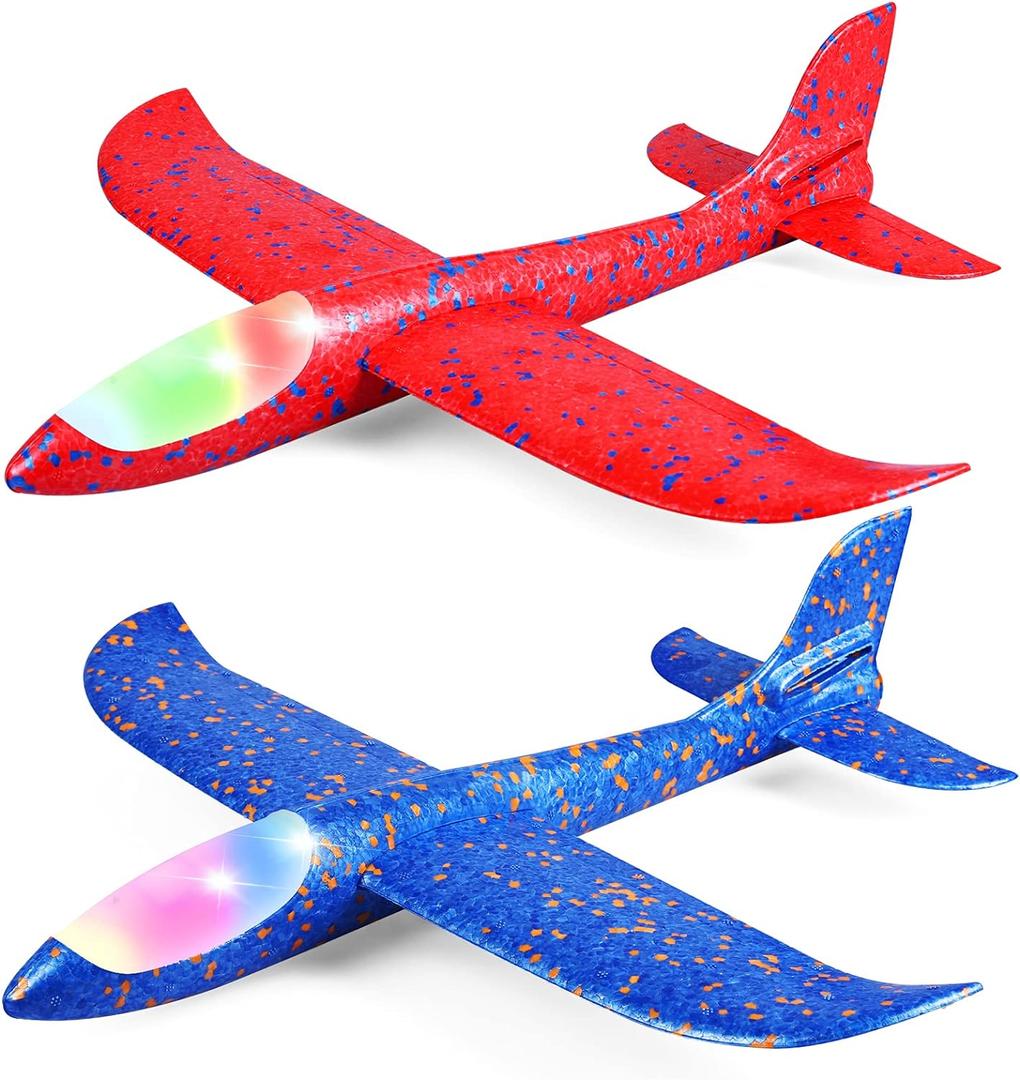 2 Pack LED Light Airplane,17.5" Large Throwing Foam Plane,2 Flight Mode Glider Plane,Flying Toy for Kids,Gifts for 3 4 5 6 7 8 9 Years Old Boy,Outdoor Sport Toys Birthday Party Favors Foam Airplane (Red and Blue)