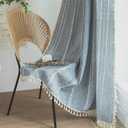Sutuo Home Boho Curtains for Living Room 90 Inches Long, Semi-Blackout French Country Striped Linen Vintage Shabby Chic Tassels Hollow Window Treatment Bohemian Drape, 1 Panel 52" W x 90" L Blue