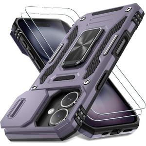 DEERLAMN Case for iPhone 16 with Slide Camera Cover+Screen Protector (2 Packs), Rotated Ring Kickstand Military Grade Shockproof Protective Cover-Deep Purple
