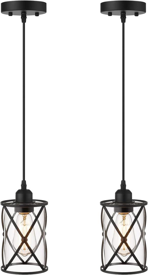 Glass Pendant Lights Kitchen Island 2 Pack, Black Mini Pendant Light with Clear Glass, Farmhouse Industrial Cage Hanging Lighting for Kitchen Sink Dining Room Bathroom, CH9176-1-2PK