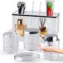 Glass Bathroom Accessories Set 5Pcs Crystal - Foaming Soap Dispenser, Soap Dish, Cup, Acrylic Toothbrush Holder with Tray Organizer, Qtip Jar, Bathroom Counter Set Sink Decor (Clear)