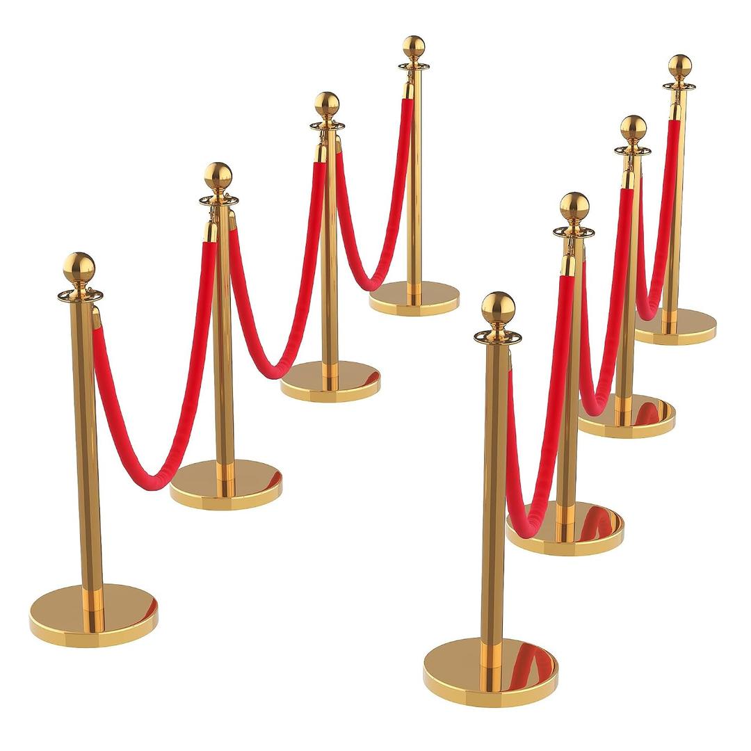 8Pcs Stanchions and Velvet Ropes with 15ft Red Carpet,Complete Crowd Control Barriers Set with 6 Red Velvet Ropes & Stainless Steel Posts for Party, Wedding, Event Supplies,Gold