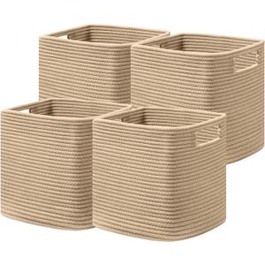 UBBCARE Set of 4 Storage Basket-11 X 10.5 X 10.5 In, Cotton Rope Basket for Shelves, Toys, Book, Cube Storage Bins with Handles, Woven Storage Baskets for Organizing, Brown