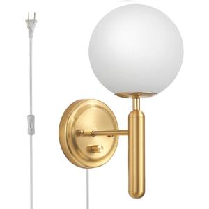 Gold Plug in Wall Sconce with Glass Globe Shade, Dimmable Bedside Wall Lamp with Plug in Cord, Luxury Corded Single Sconce with Dimmer Switch Wall Light for Bedroom Living Room (1 Pack)