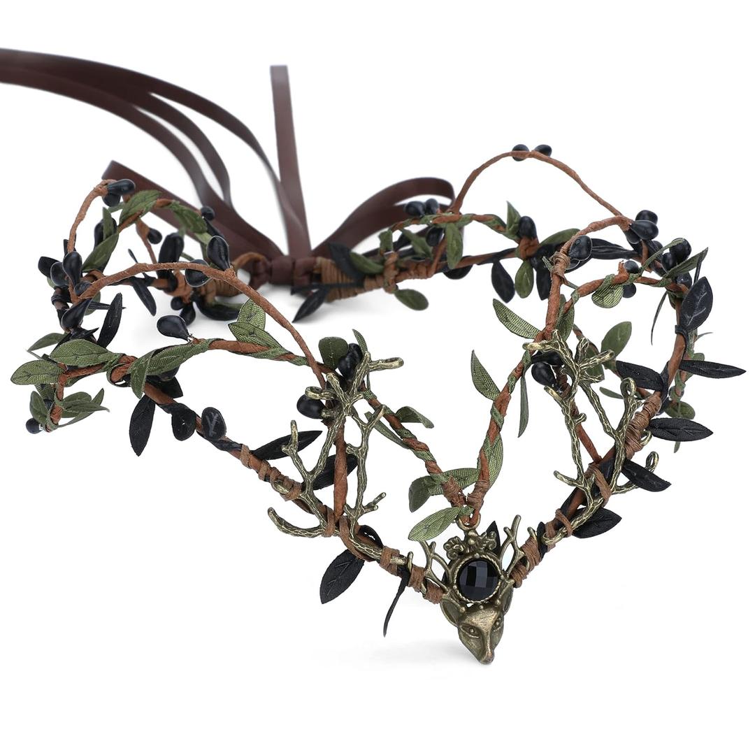 MOSTORY Black Green Antler Crown - Renaissance Faire Costume for Women Fairy Forest Headpiece Woodland Elf Crown for Women Ren Faire Halloween Cosplay Photo Shoot Accessory (Green With Bronze)